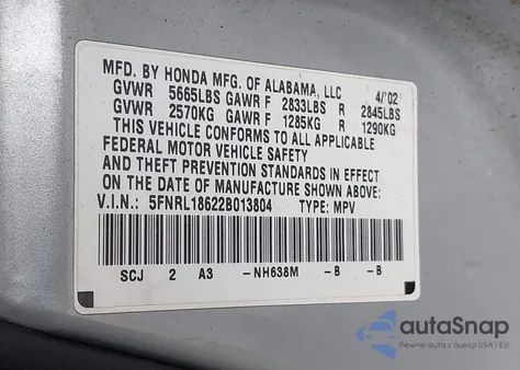 2002 Honda Odyssey Ex from USA, damaged, VIN 5FNRL18622B013804